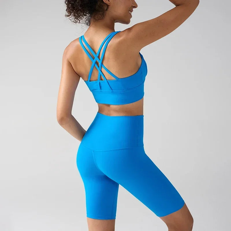 Women's 2 Piece Yoga Gym Sports Set Cross Back Bra Top & High Waist Shorts Fitness Running Workout Tracksuit👚