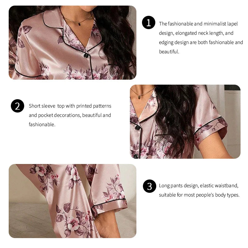 Women's Pajamas Elegant Satin Sleepwear Pj Set Flower Print Short Sleeve Buttons Lapel Tops & Long Pants Nightwear Home Clothes