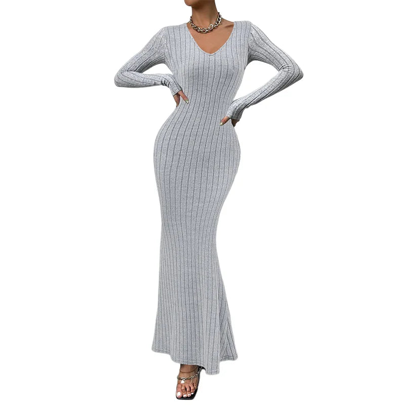 Autumn Women Dress Long Sleeved Grey Office Lady Dress Elegant Outfit Knitting Robe Vintage Gown Fashion Solid Female Clothing