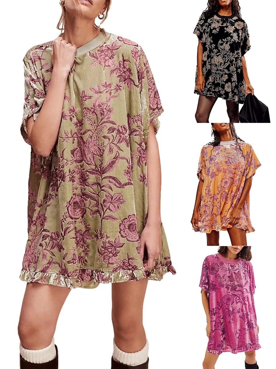 Women Velvet Dress Summer Casual Loose Long Sleeve Crew Neck Flower Mini Dress Lady Female Short Dress
