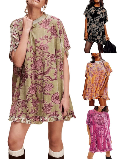 Women Velvet Dress Summer Casual Loose Long Sleeve Crew Neck Flower Mini Dress Lady Female Short Dress