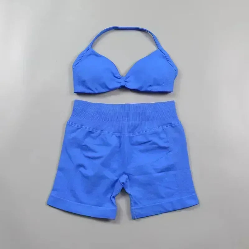 European American Ins 2025 2PCS Yoga Gym Set Women Seamless Yoga Bra High Waist Workout Scrunch Shorts Suit Fitness Sportswear