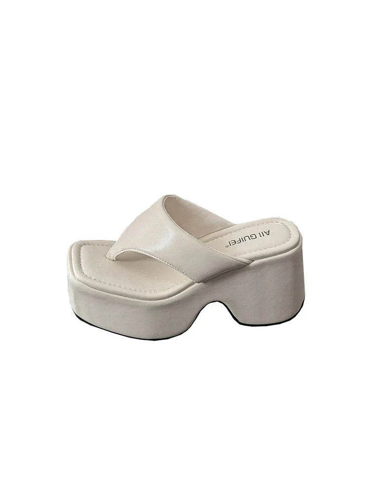 Women's Summer Outdoor Platform Sandals Flip Flops High Heel Thi Bot Clog oes Heightening Slippers Korean Sle PU Mat...