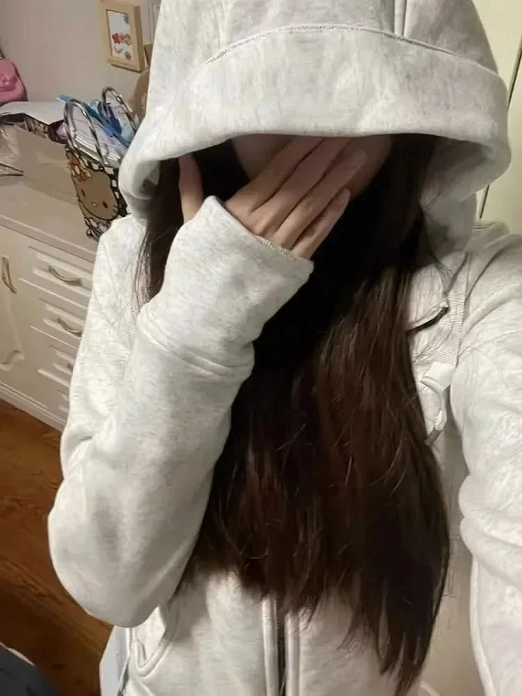 Deeptown American Vintage Cropped Hoodies Women Korean Style Streetwear Grey Zip Up Hooded Sweatshirt Casual Y2k Slim Hood Shirt