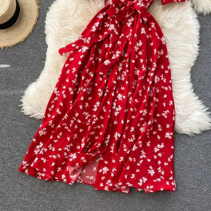 Korean Red elegant sexy Dress women Summer Autumn V-neck polka dot midi dress waist split dress vestidos de fiesta clothes