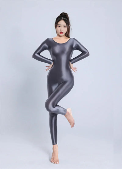 Women's Sexy Yoga Shaper Jumpsuit Dance SM Wear Oil Glossy High Elastic Long Sleeves Bodysuit Sheer Slip Satin Slimming Tights