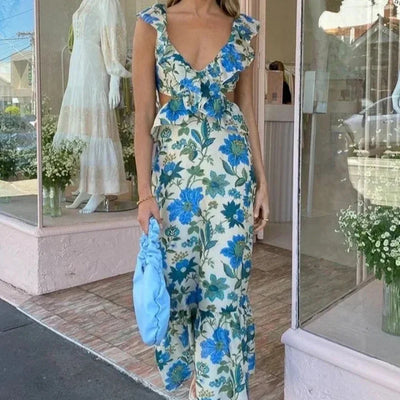 Slip Dress 2024 Summer Sleeveless Beach Style Ruffled Printing Vacation Fashion Women Casual Long Dress