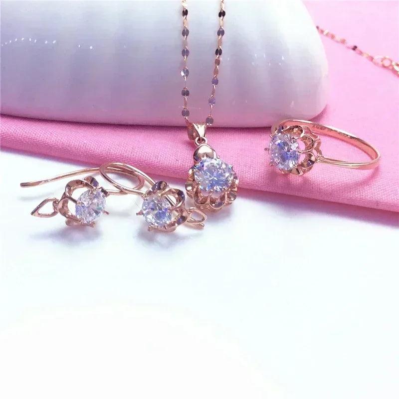White shiny flower jewelry set plated rose gold earrings for women charms rings necklace elegant light luxury necklaces