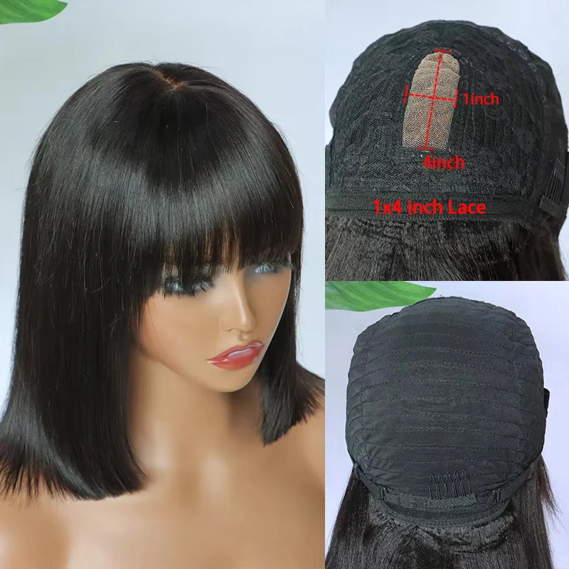 Unprocessed Raw Hair Short Bob Wig With Bangs Bone Straight Human Hair Wigs Fringe Middle Part Bob Lace Wigs Realistic Scalp Wig