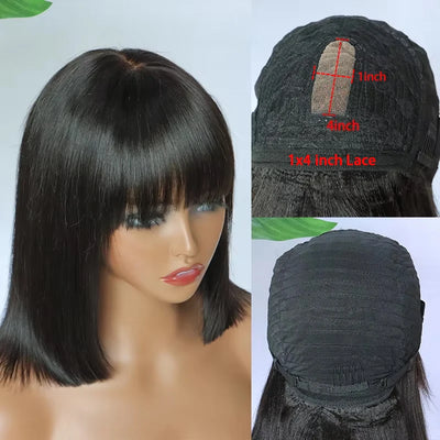 Unprocessed Raw Hair Short Bob Wig With Bangs Bone Straight Human Hair Wigs Fringe Middle Part Bob Lace Wigs Realistic Scalp Wig