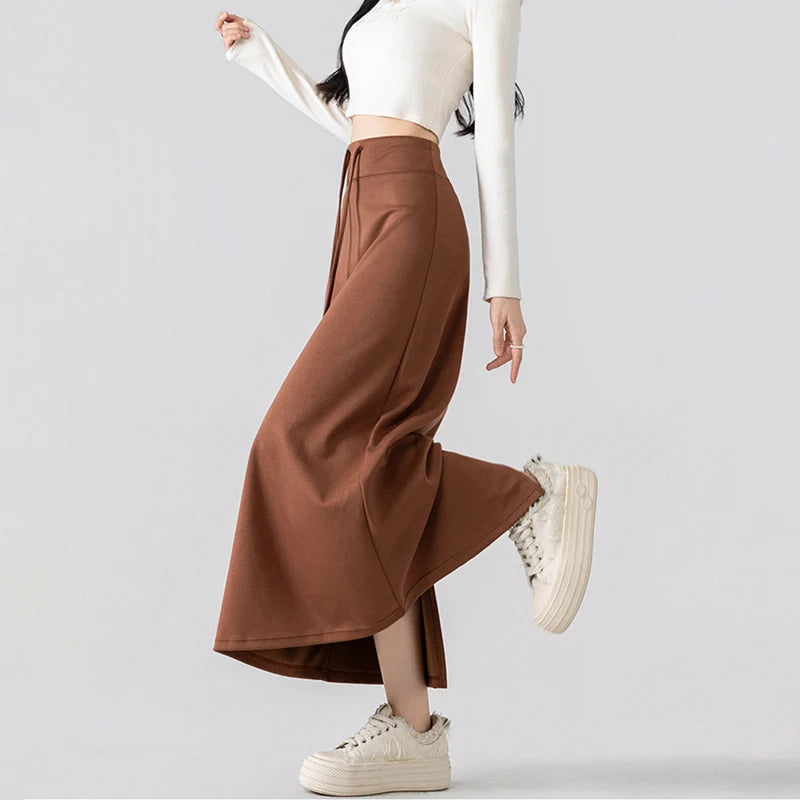 Simple Solid Color Long Skirts for Women Autmn Winter Chic Back Slit A-Line Midi Skirt Elegant Drawstring All Match Maxi Skirts