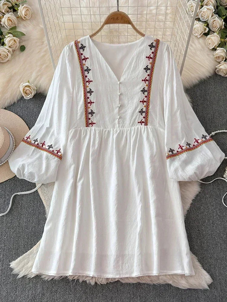 European American Style Women's New Cotton Linen 2024 Fashionable Lace Up Waist Slimming Patchwork Embroidered Short Dress A132
