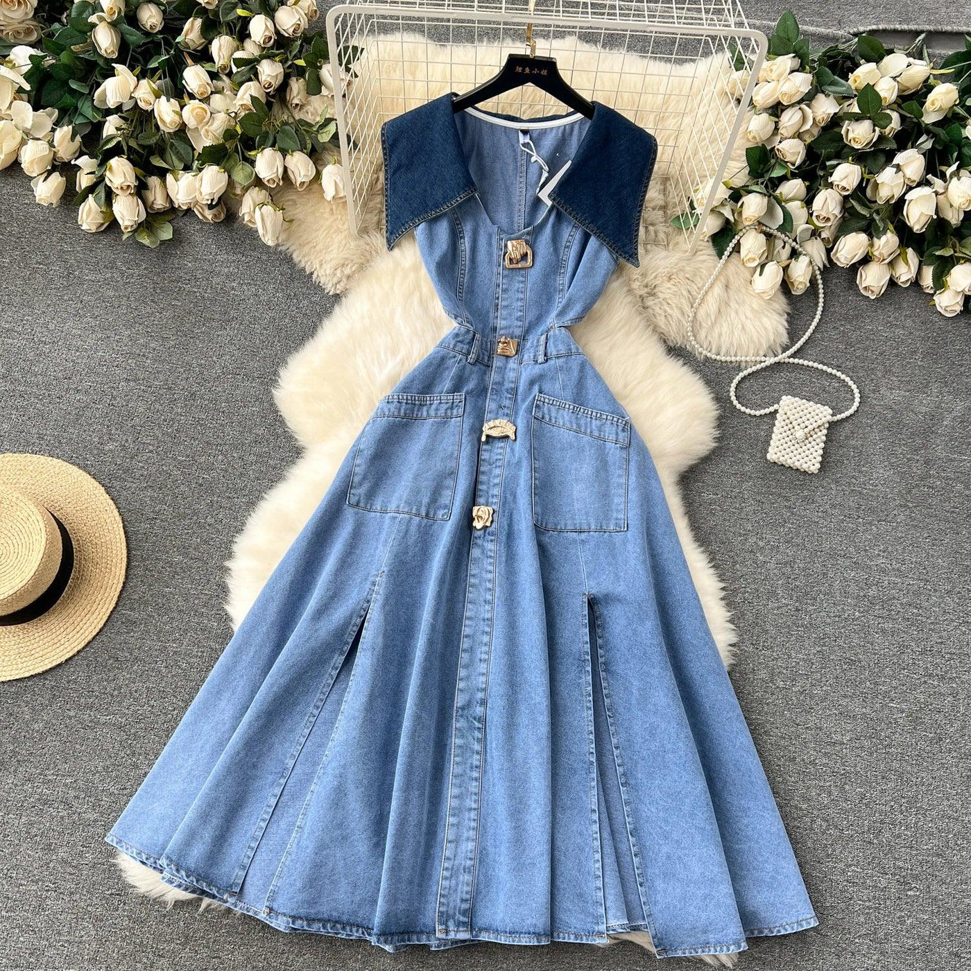 Designer Denim Dress Women Long Dresses Single Breasted Big Turn-down Collar Waist Slimming Temperament Split A-Line Vestidos