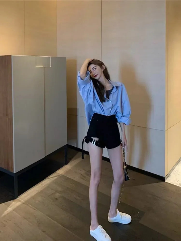 American style high street washed distressed high waisted slightly flared jeans for men and women, trendy brand, cool pants for