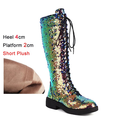Knee-High Boots Women Flat Gothic Fashion Low Heel Shoes Autumn Winter Sequins Heels Bling Bling Silver Luxury Womens Long Boots