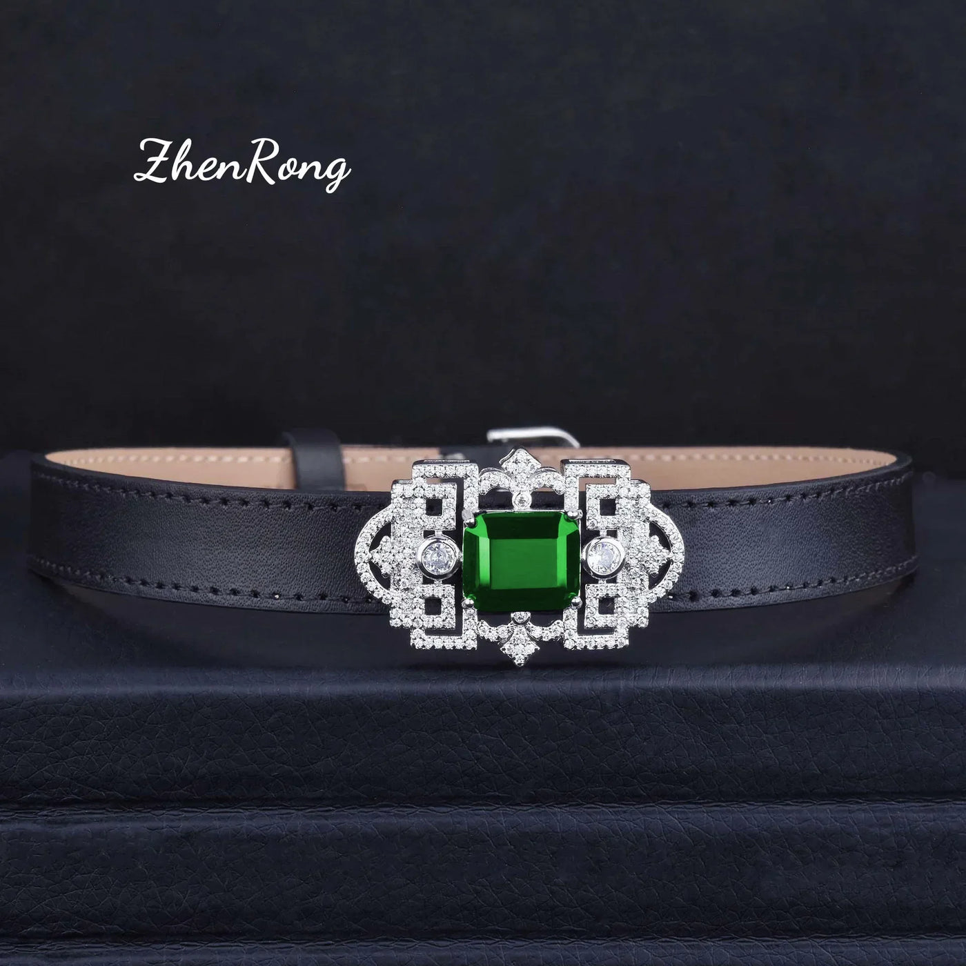 Foydjew Luxury Jewelry Women Artificial Emerald Choker Wristband Collar Pendant Necklaces Inlaid Zircon Leather Belt Bracelets