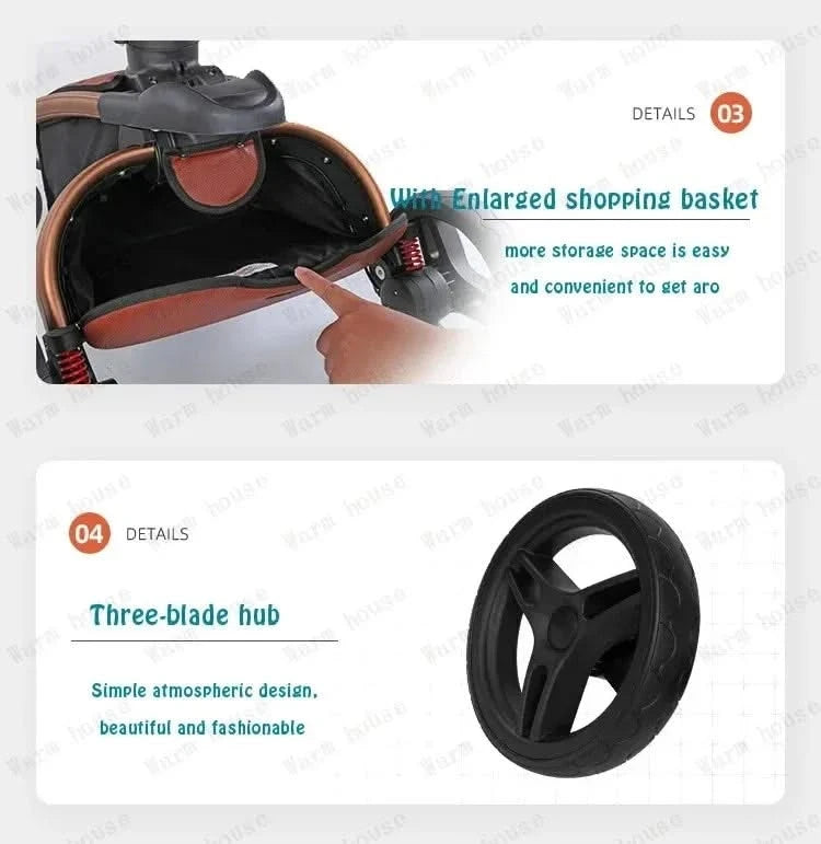 3-in-1 Luxury High-view Baby Stroller with Car Seat Foldable Newborn Baby Stroller PU Leather Two-way Baby Stroller