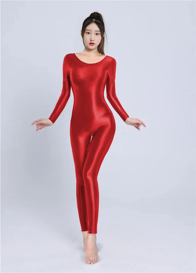 Women's Sexy Yoga Shaper Jumpsuit Dance SM Wear Oil Glossy High Elastic Long Sleeves Bodysuit Sheer Slip Satin Slimming Tights