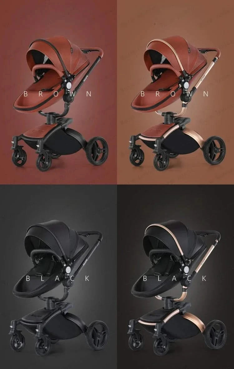 3-in-1 Luxury High-view Baby Stroller with Car Seat Foldable Newborn Baby Stroller PU Leather Two-way Baby Stroller