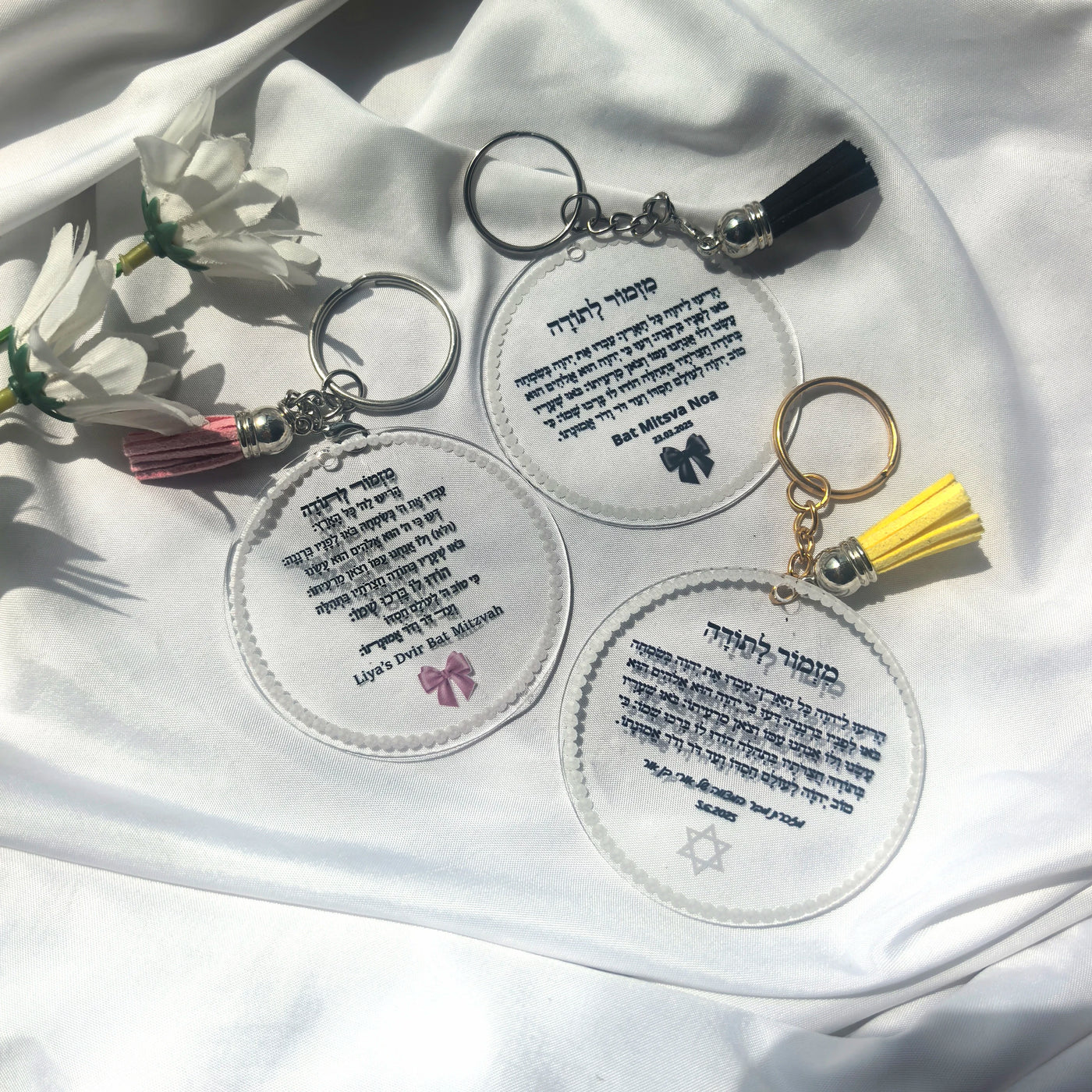 10Pc A Lyrics of Thanksgiving Prayer Card StarAcrylic Round Personalize Hebrew Print Bar Mitzvah Souvenir Card with Keychain Pom