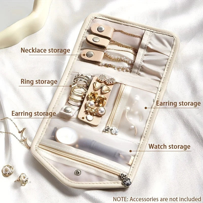 Travel Jewelry Organizer Bag, PU Material Necklace Earring Ring Storage Pouch with Watch Compartment, Portable Zippered