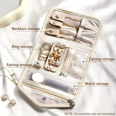 Travel Jewelry Organizer Bag, PU Material Necklace Earring Ring Storage Pouch with Watch Compartment, Portable Zippered