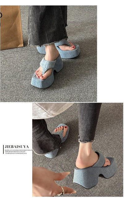 Women's Summer Outdoor Platform Sandals Flip Flops High Heel Thi Bot Clog oes Heightening Slippers Korean Sle PU Mat...