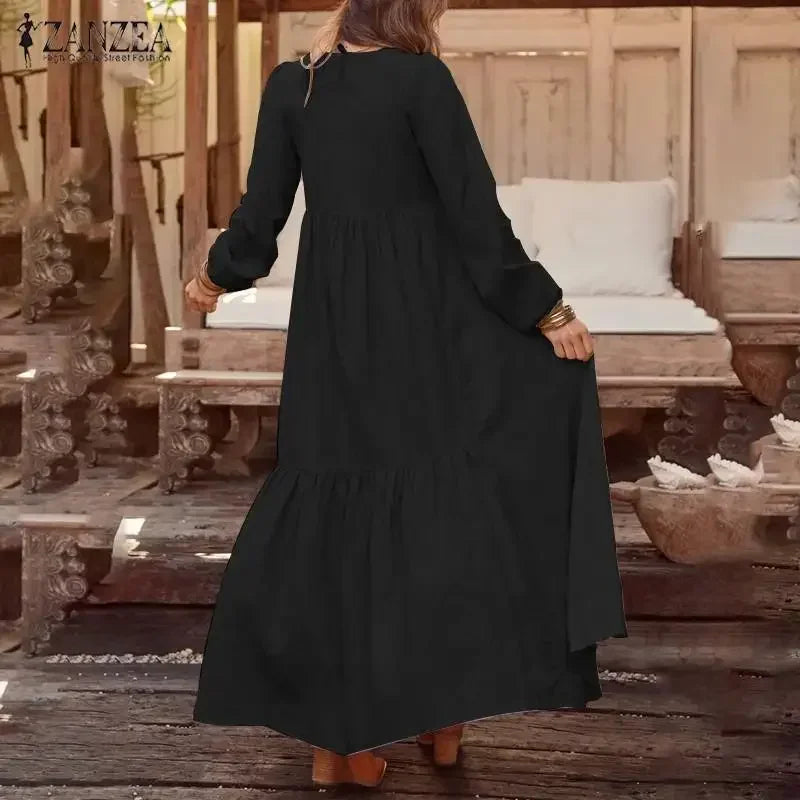 Vintage Cotton Linen Long Sleeve Dress Women Casual Autumn Maxi Robe V Neck Tiered Loose Vestido