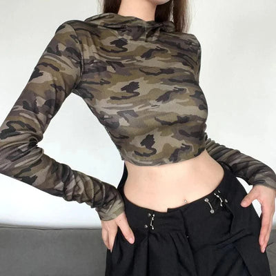 American Camo Streetwear Tops Women Back Hollow Out