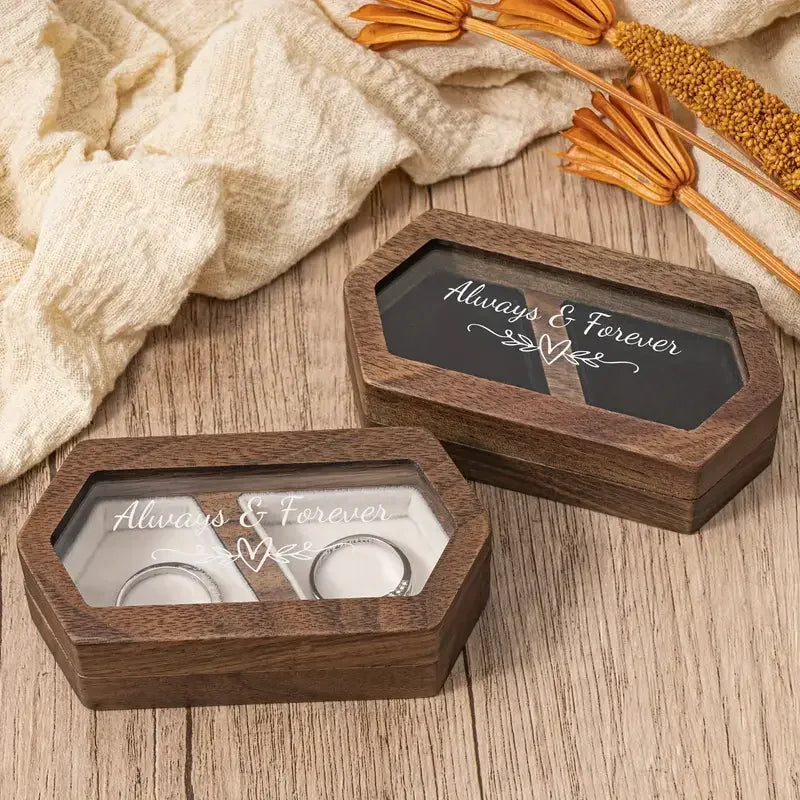 Engraved Wooden Ring Box, Double Slot, Perfect for Wedding, Proposal Rings, Romantic Gift for Wife, Jewelry, Always & Forever"