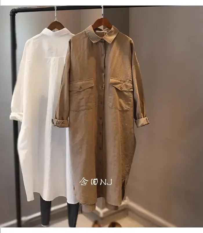 Cotton Linen Women Medium-Length White Polo Shirt