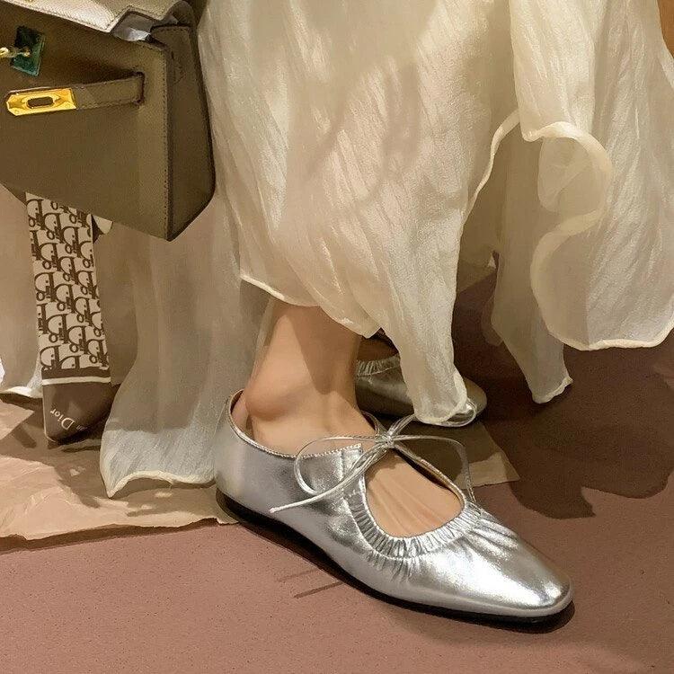 Women ballet leather narrow band flat shoes bling silver gold footwear