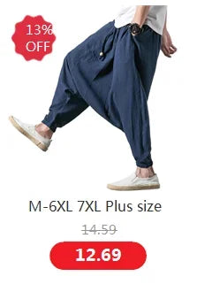 Wide leg Pants Men Streetwear Baggy Loose Pants M-8XL Plus size Ankle length Trousers cotton linen pants Black white khaki