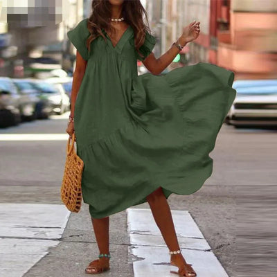 Cotton Linen Sexy V-neck Short Dress Summer New Women's Solid Color Multi-color Casual Loose Short Sleeved Mid Length Dress