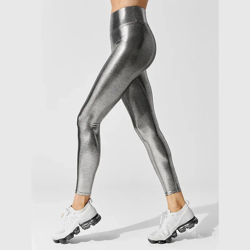 Women's Metallic Luster Yoga Pants Leggings Elastic Waist Sexy Shiny Sports Clothing Fitness Leggings High Waist Gym Sportswear