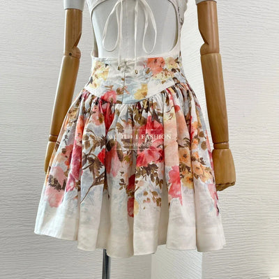Linen 2025 Summer High Quality New Sleeveless White A-line Cut Out Floral Print Pleats Women Mini Dress