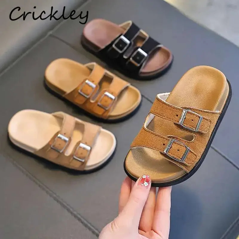 2025 Buckle Kids Summer Shoes PU Solid Beach Slippers For Girls Boys EVA Non Slip Soft Sole Fashion Children's Slippers