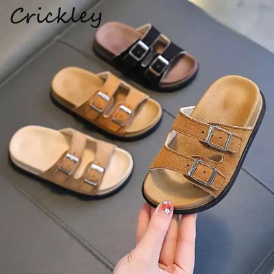 2025 Buckle Kids Summer Shoes PU Solid Beach Slippers For Girls Boys EVA Non Slip Soft Sole Fashion Children's Slippers