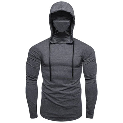 Men Athletic Hoodies Fashion Slim Fit Long Sleeve Sweatshirt with Mask Design Solid Color Sport Fitness Casual Pullover Outwear