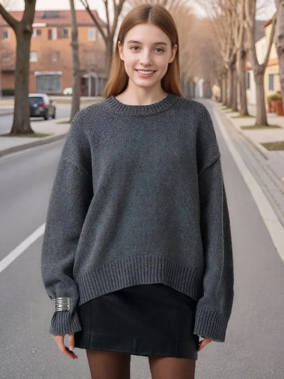 Oversized Fall Yellow Sweaters For Women 2025 Brown Crewneck Sweater Top Ladies Office Warm Knitted Woman Pullovers Winter Grey