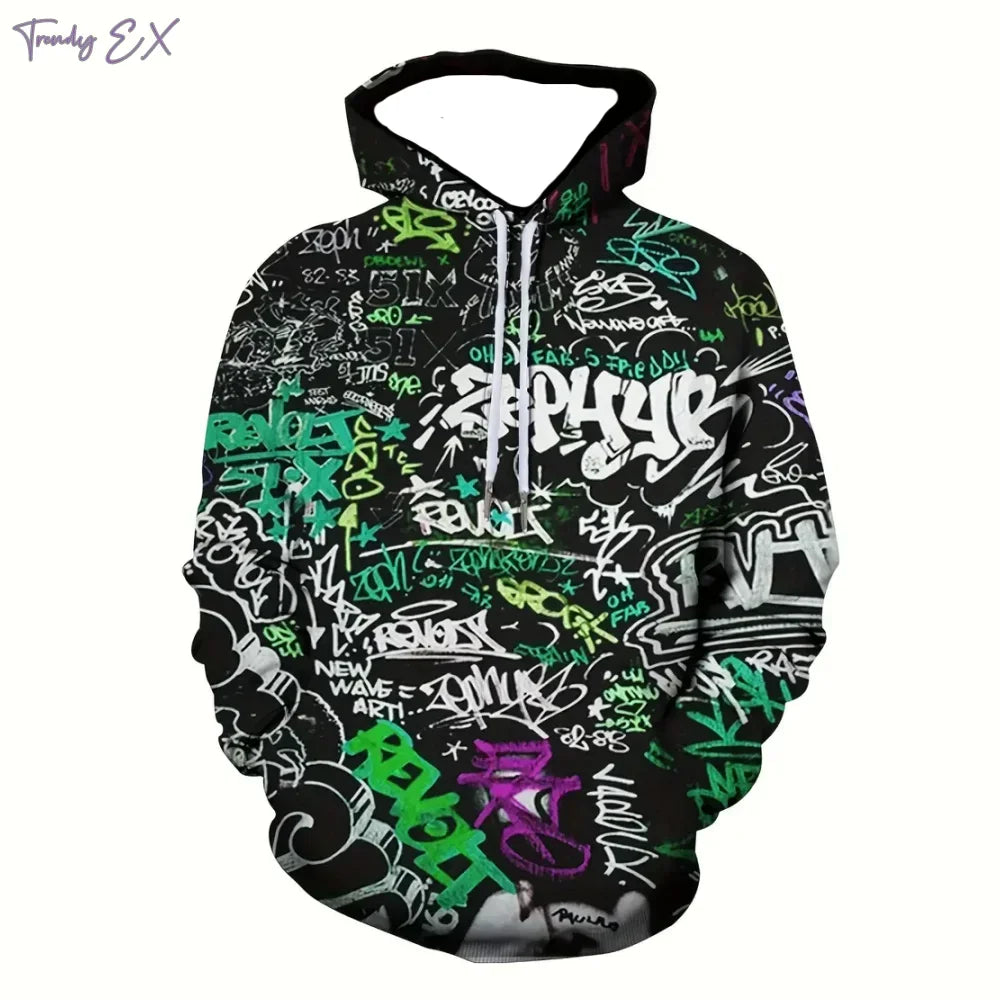 Sweatshirts for Men Fashion Graffiti Print Casual Oversized Hoodie Comforts Kangaroo Pocket Sport Long Sleeves Hooded Sweatshirt