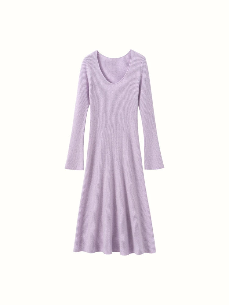 Women's Cashmere Sweater Dress Autumn Winter U-neck Striped Pullover 100% Cashmere Knitwear Slim Solid Flare Sleeve A-Line Skirt