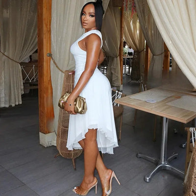 Women Sexy Dresses Summer 2025 Solid Color Sexy Slant Collar Midi Irregular Evening Dress Luxury Elegant Splicing Dress Vestidos