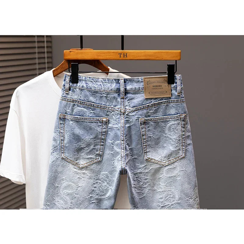 2024 New Men's Denim Shorts Fashion Printed Designer Jeans Personality High Street Straight Male Clothes Short Pants