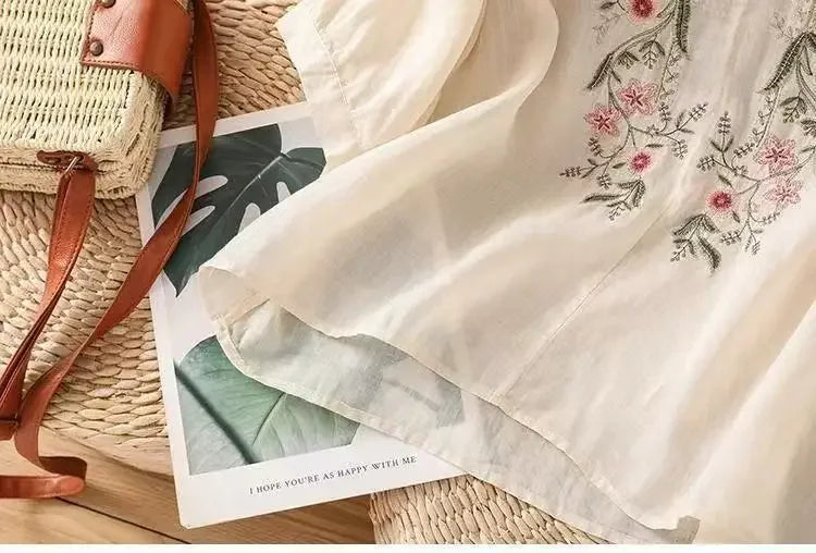 Linen V-neck EmbroideryTop For Women