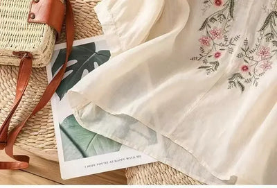 Linen V-neck EmbroideryTop For Women