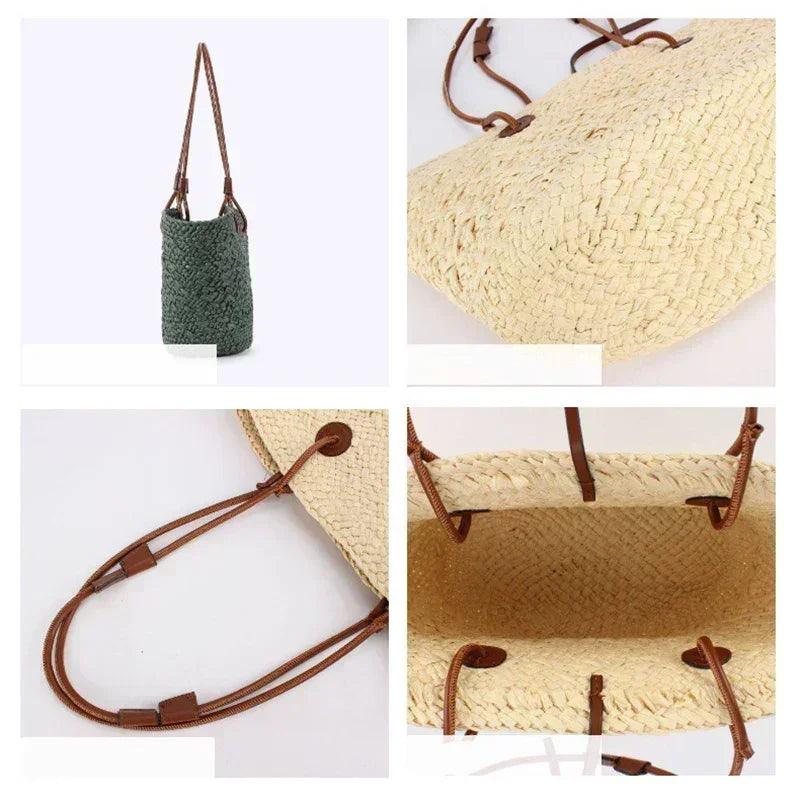 Designer bohemian chic shoulder bag,solid color large capacity straw woven tote bag,nature-inspired beach vacation