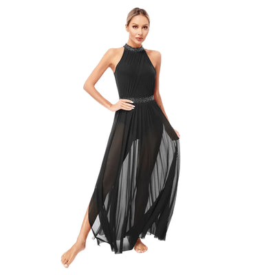 Women Lyrical Contemporary Ballroom Modern Dance Costume Dancing Prom Gown Side Split Maxi Dress for Ballet Gymnastics Skating