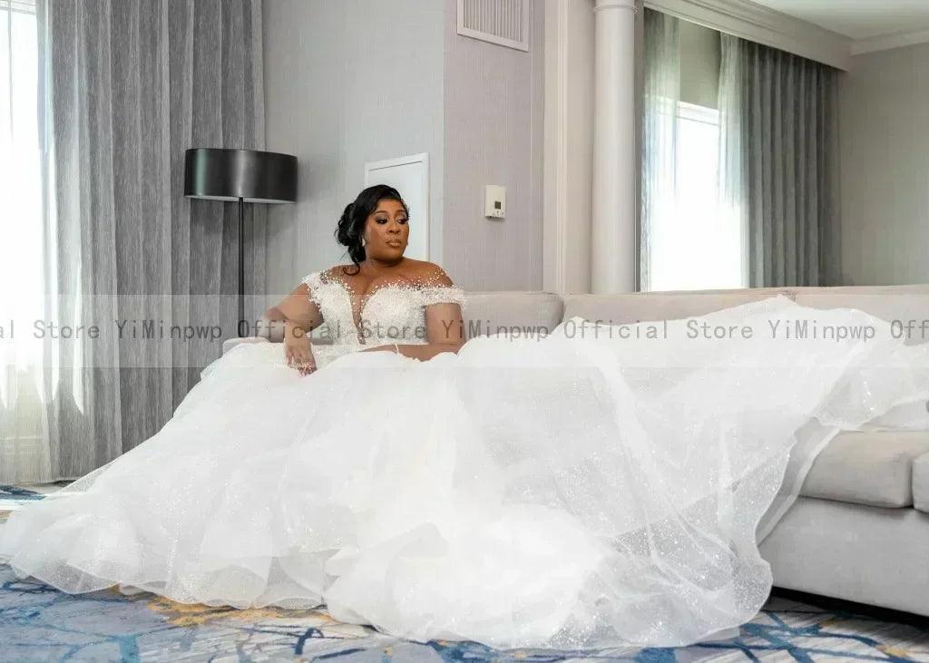 Wedding dresses for bride sheer neck lace up back sequins pearls plus size only