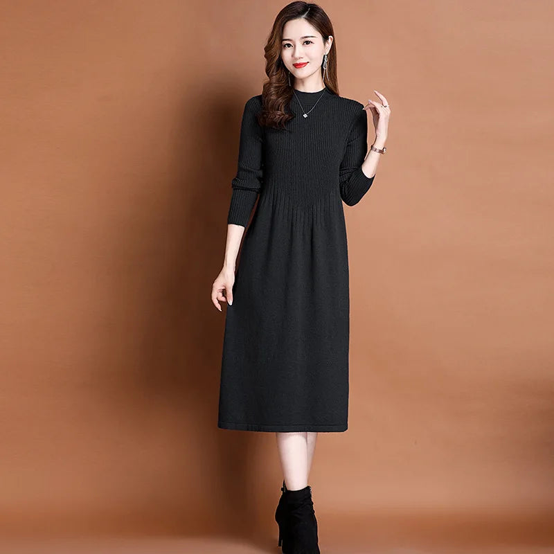 Knitted Sweater Dress for Women in Autumn Winter New Style with Coat Half Turtleneck Temperament Bottoming A-line Skirt Trendy